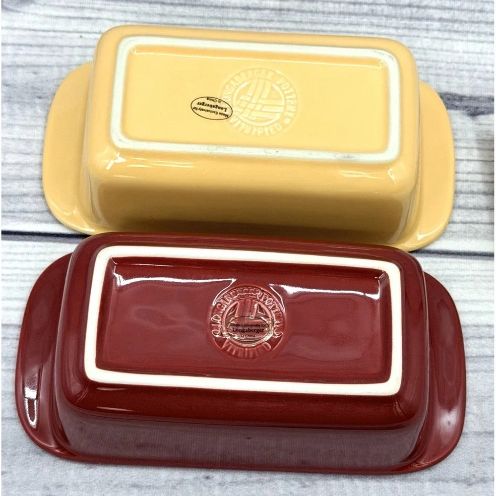 2 LONGABERGER POTTERY WOVEN TRADITIONS MINI LOAF PANS - BUTTERNUT / PAPRIKA